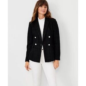 Ann Taylor Petite Black Tweed Double Breasted Blazer Size 2 Luxury Classic Chic